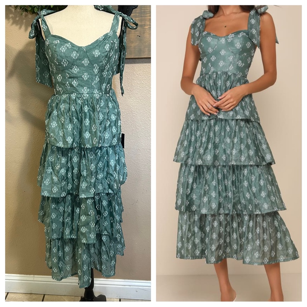 NWT Gorgeous Excellence Teal Green Floral Burnout Tiered Midi Dress